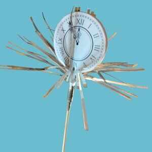 New Years Eve Party Clock Face Silver Tinsel Pick Floral Midnight 21 Inch